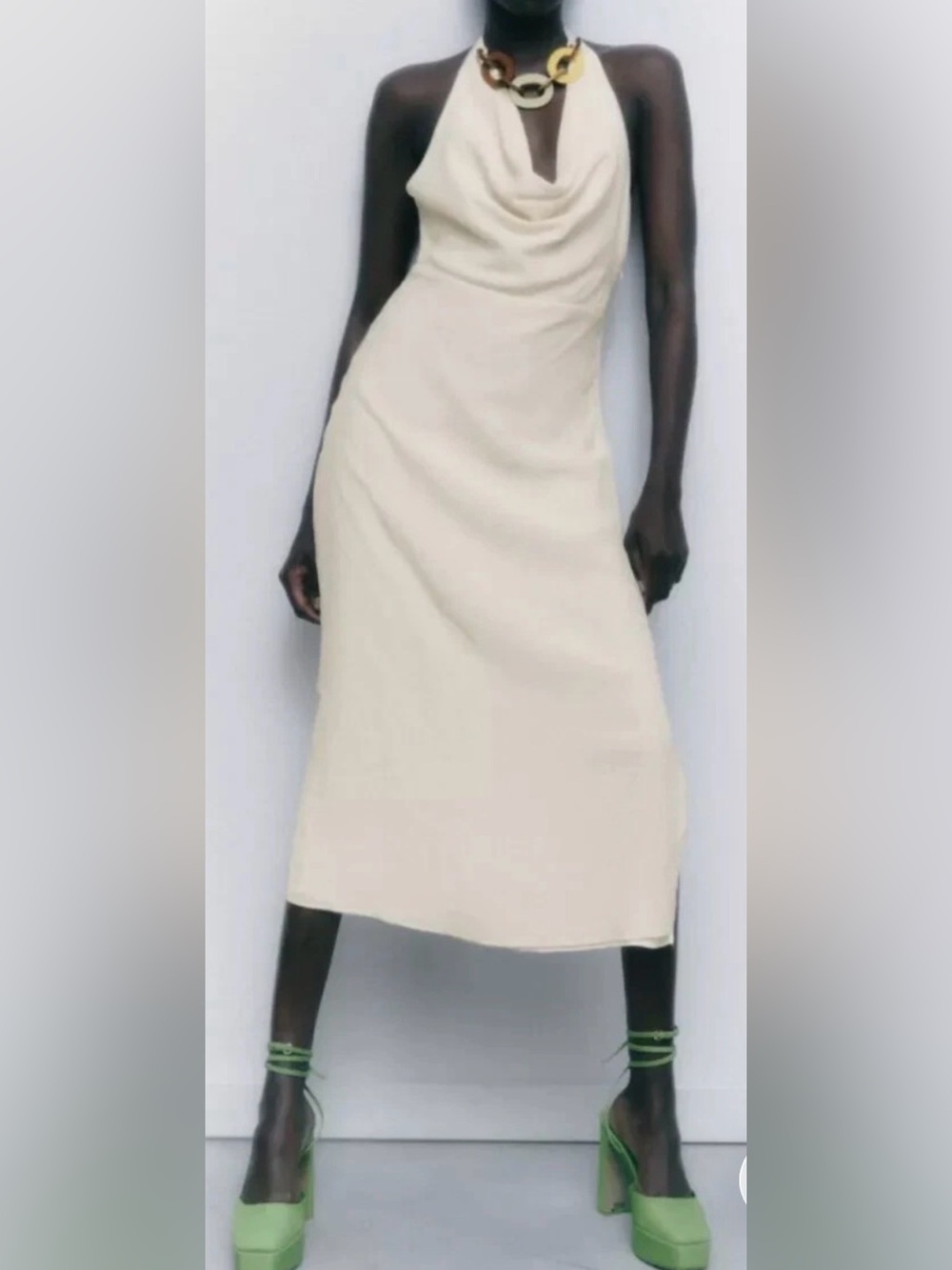 Zara Cream Halter Cowl-Neck Midi Dress with Statement Chain nwt 98.00 medium